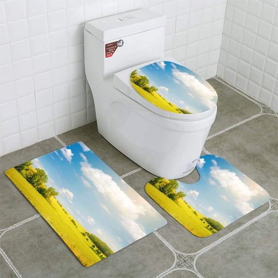 PUDMAD Landscape Yellow Field and Blue Sky Nature 3 Piece Bathroom Rugs Set Bath Rug Contour Mat and Toilet Lid Cover