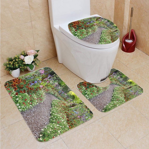 PUDMAD Large Flower Summer Garden 3 Piece Bathroom Rugs Set Bath Rug Contour Mat and Toilet Lid Cover