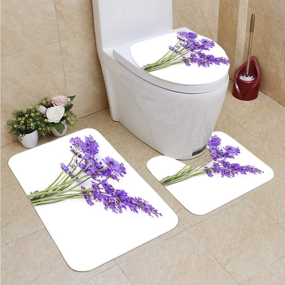PUDMAD Lavender 3 Piece Bathroom Rugs Set Bath Rug Contour Mat and Toilet Lid Cover