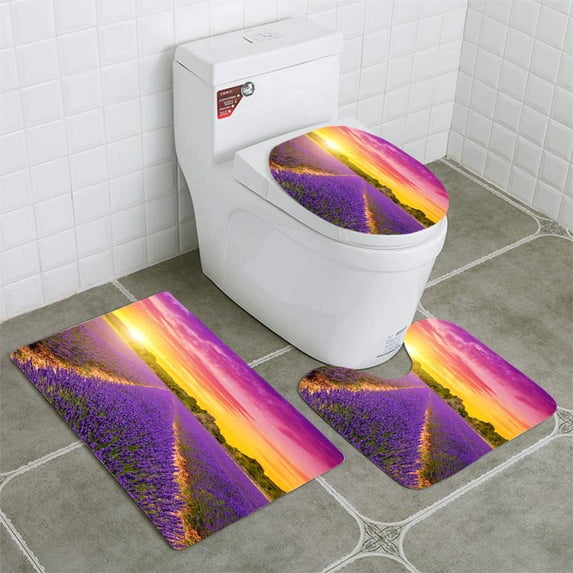 PUDMAD Lavender Fields in Provence at Sunset 3 Piece Bathroom Rugs Set Bath Rug Contour Mat and Toilet Lid Cover