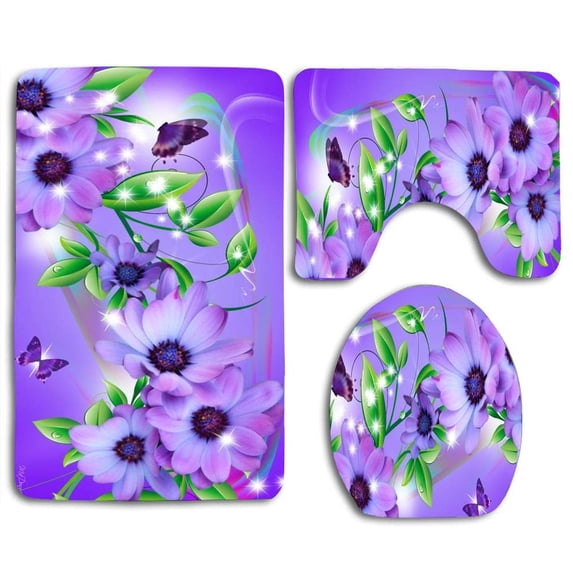 PUDMAD Lavender Flower Rainbow 3 Piece Bathroom Rugs Set Bath Rug Contour Mat and Toilet Lid Cover