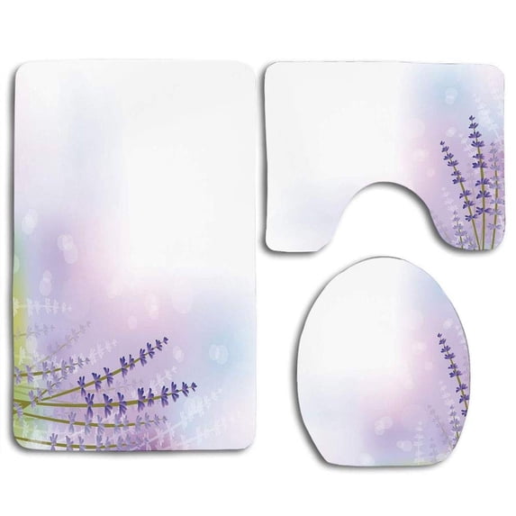PUDMAD Lavender Nature Inspired Abstract Backdrop Gentle Pastel Lavender Stems 3 Piece Bathroom Rugs Set Bath Rug Contour Mat and Toilet Lid Cover