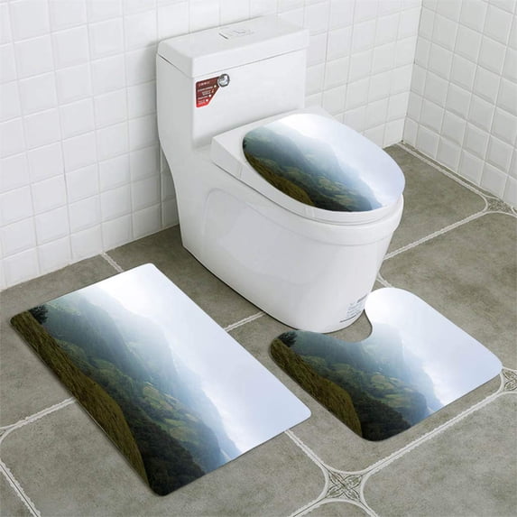 PUDMAD Layers Misty Mountains 3 Piece Bathroom Rugs Set Bath Rug Contour Mat and Toilet Lid Cover