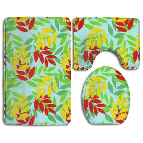 PUDMAD Leaf 3 Piece Bathroom Rugs Set Bath Rug Contour Mat and Toilet Lid Cover
