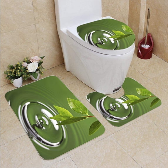 PUDMAD Leaf Water Ripple 3 Piece Bathroom Rugs Set Bath Rug Contour Mat and Toilet Lid Cover