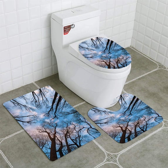 PUDMAD Leafless Branches on Blue Sky 3 Piece Bathroom Rugs Set Bath Rug Contour Mat and Toilet Lid Cover