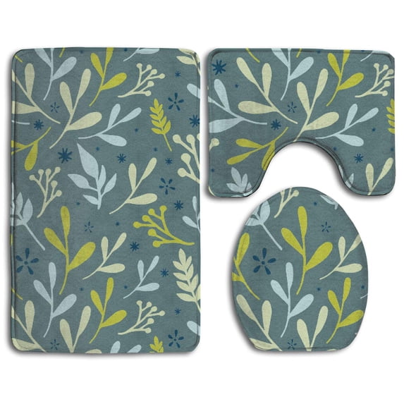 PUDMAD Leaves 3 Piece Bathroom Rugs Set Bath Rug Contour Mat and Toilet Lid Cover