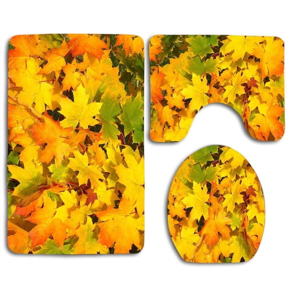 PUDMAD Leaves Autumn Fall Colorful Yellow 3 Piece Bathroom Rugs Set Bath Rug Contour Mat and Toilet Lid Cover