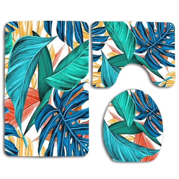 PUDMAD Leaves Tropical Summer Exotic 3 Piece Bathroom Rugs Set Bath Rug Contour Mat and Toilet Lid Cover