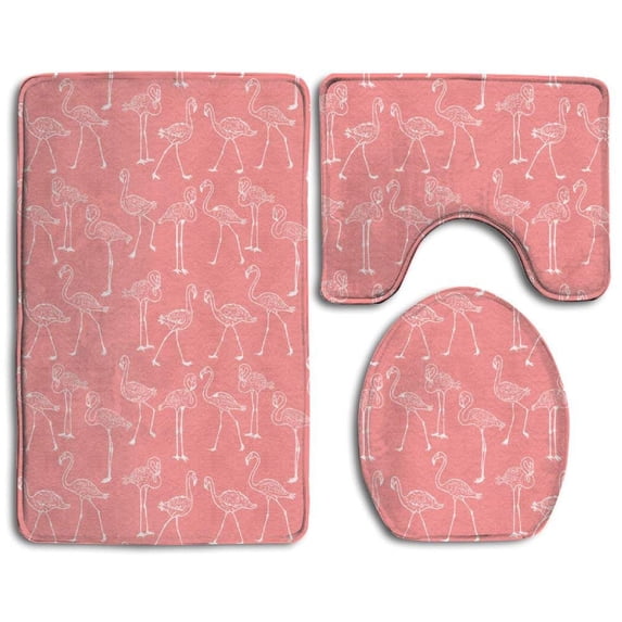 PUDMAD Leisure Flamingo 3 Piece Bathroom Rugs Set Bath Rug Contour Mat and Toilet Lid Cover