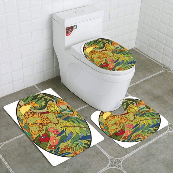 PUDMAD Leopard in Jungle Coloring Page Exotic Flowers and Wild 3 Piece Bathroom Rugs Set Bath Rug Contour Mat and Toilet Lid Cover
