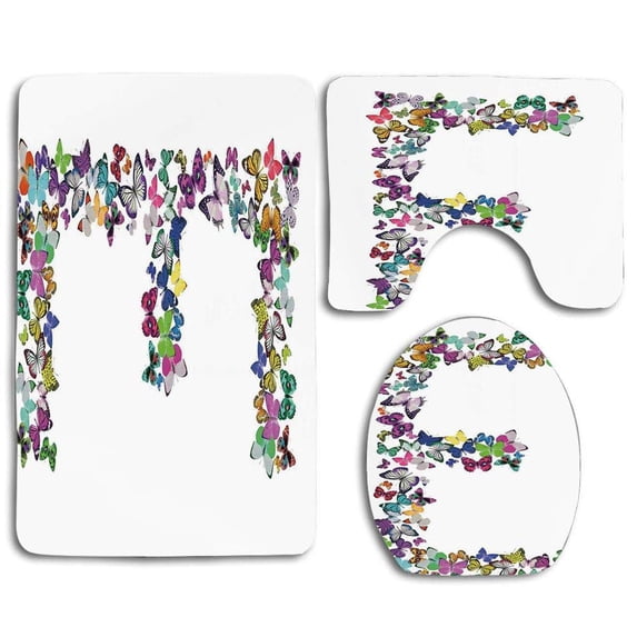 PUDMAD Letter E Tropical Creatures Spring Season Spotted Wings Fragility Femininity Theme 3 Piece Bathroom Rugs Set Bath Rug Contour Mat and Toilet Lid Cover