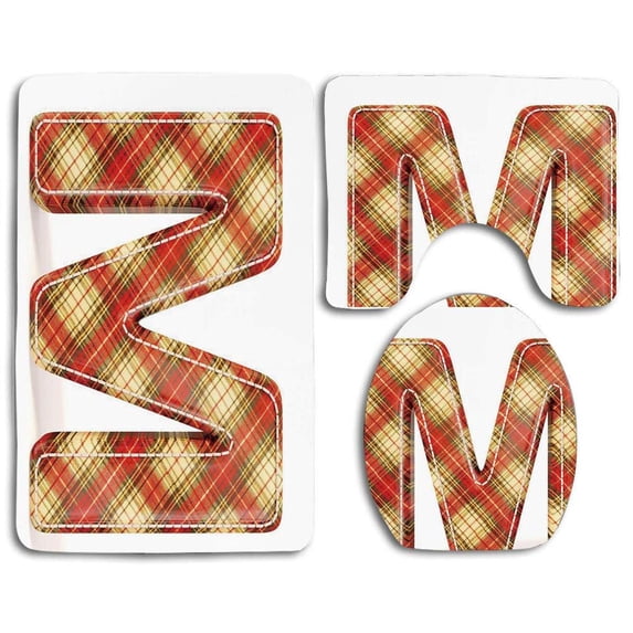 PUDMAD Letter M Colorful Capital Letter Fabric Theme Stitch Marks 3 Piece Bathroom Rugs Set Bath Rug Contour Mat and Toilet Lid Cover