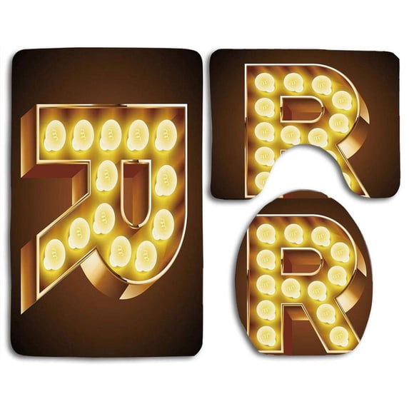 PUDMAD Letter R Old Carnival Themed Alphabet Symbol Capital R Golden Colored 3 Piece Bathroom Rugs Set Bath Rug Contour Mat and Toilet Lid Cover