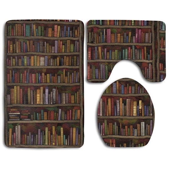 PUDMAD Library Books Wall 3 Piece Bathroom Rugs Set Bath Rug Contour Mat and Toilet Lid Cover