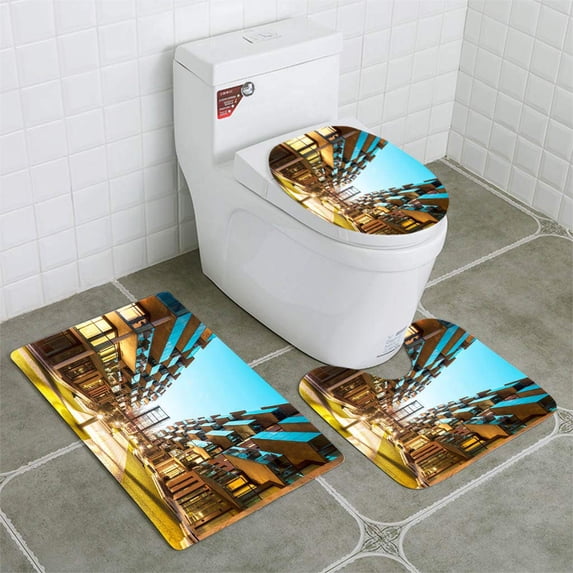 PUDMAD Lifestyle Apartments at Dusk 3 Piece Bathroom Rugs Set Bath Rug Contour Mat and Toilet Lid Cover