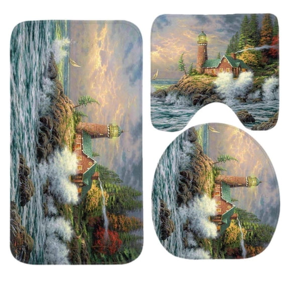PUDMAD Lighthouse Artistic Art Painting 3 Piece Bathroom Rugs Set Bath Rug Contour Mat and Toilet Lid Cover