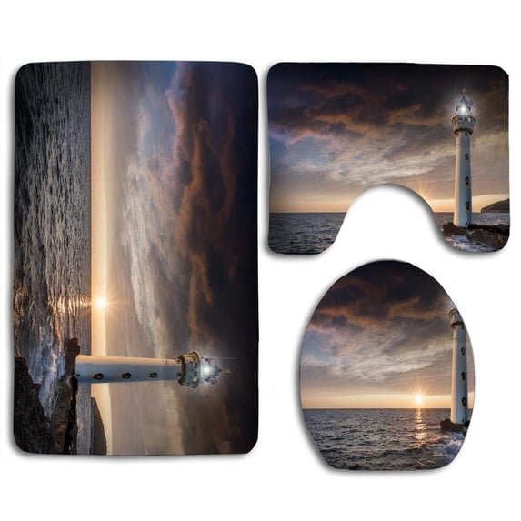 PUDMAD Lighthouse Glow Evening Sunset 3 Piece Bathroom Rugs Set Bath Rug Contour Mat and Toilet Lid Cover
