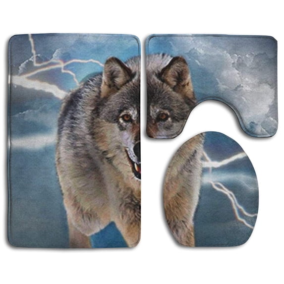 PUDMAD Lighting Wolf 3 Piece Bathroom Rugs Set Bath Rug Contour Mat and Toilet Lid Cover
