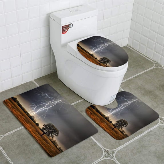 PUDMAD Lightning Over Field 3 Piece Bathroom Rugs Set Bath Rug Contour Mat and Toilet Lid Cover