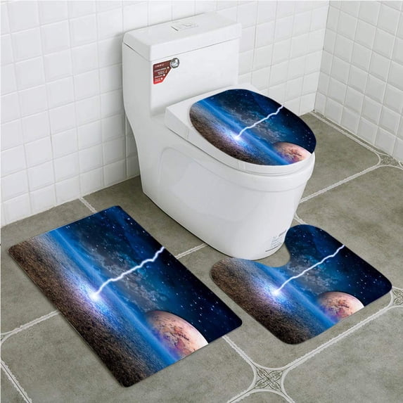 PUDMAD Lightning Strike on Moon 3 Piece Bathroom Rugs Set Bath Rug Contour Mat and Toilet Lid Cover