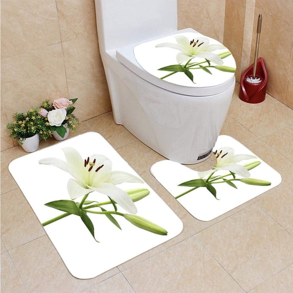 PUDMAD Lily 3 Piece Bathroom Rugs Set Bath Rug Contour Mat and Toilet Lid Cover