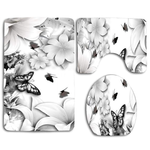 PUDMAD Lily Black White 3 Piece Bathroom Rugs Set Bath Rug Contour Mat and Toilet Lid Cover