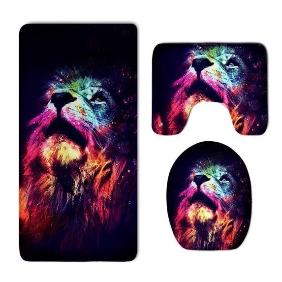 PUDMAD Lion Galaxy 3 Piece Bathroom Rugs Set Bath Rug Contour Mat and Toilet Lid Cover