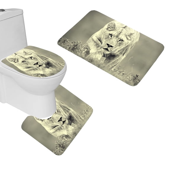 PUDMAD Lioness Hunting 3 Piece Bathroom Rugs Set Bath Rug Contour Mat and Toilet Lid Cover