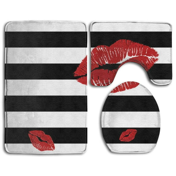 PUDMAD Lips 3 Piece Bathroom Rugs Set Bath Rug Contour Mat and Toilet Lid Cover
