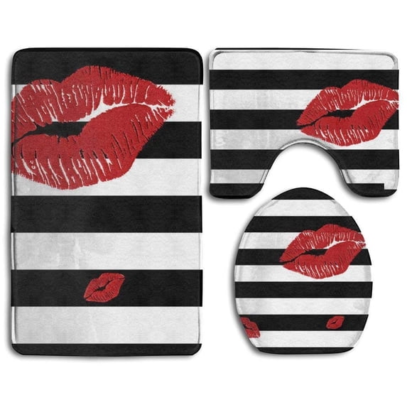 PUDMAD Lips Printed in Black and White Stripes 3 Piece Bathroom Rugs Set Bath Rug Contour Mat and Toilet Lid Cover