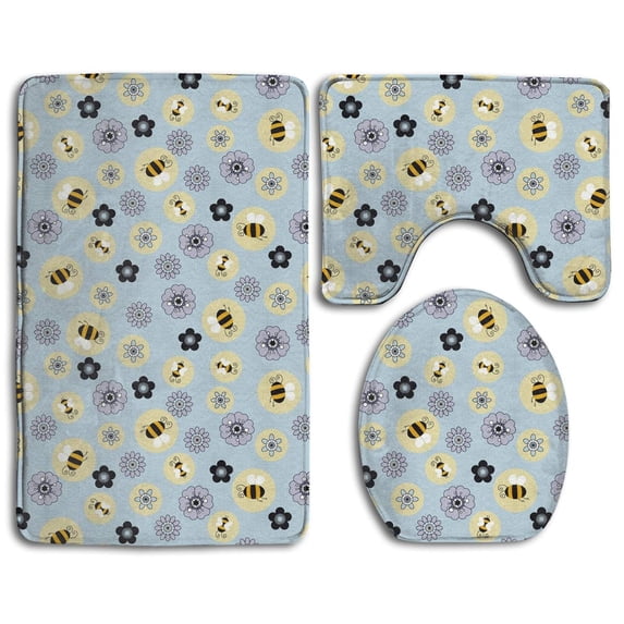 PUDMAD Little Bee Flower What is Missing 3 Piece Bathroom Rugs Set Bath Rug Contour Mat and Toilet Lid Cover