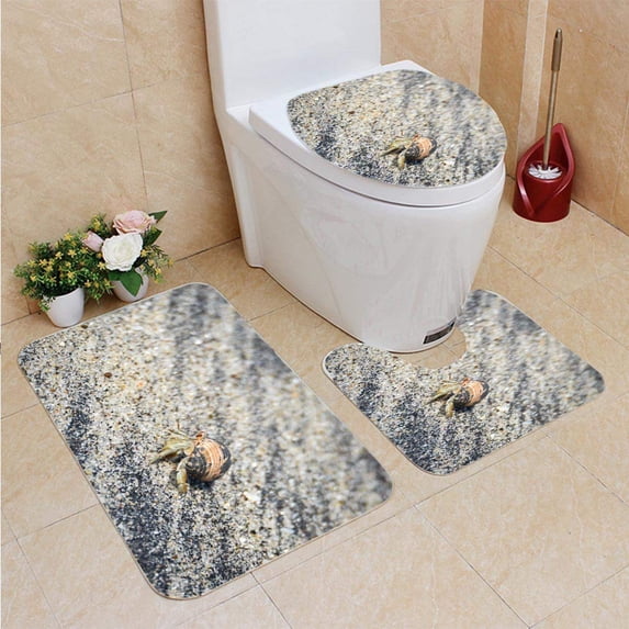 PUDMAD Little Crab Carries his Shell in hot Sand Along Coastal Water 3 Piece Bathroom Rugs Set Bath Rug Contour Mat and Toilet Lid Cover
