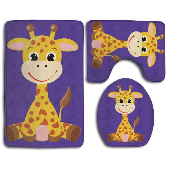 PUDMAD Little Cute Giraffe 3 Piece Bathroom Rugs Set Bath Rug Contour Mat and Toilet Lid Cover