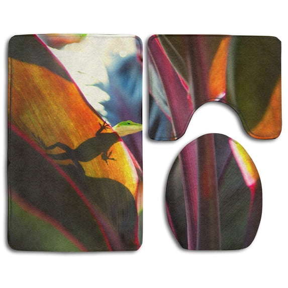 PUDMAD Lizard Plants Leaves 3 Piece Bathroom Rugs Set Bath Rug Contour Mat and Toilet Lid Cover
