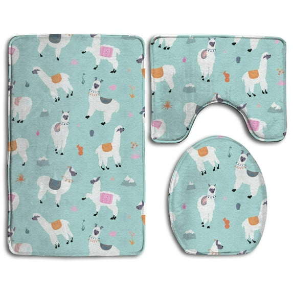 PUDMAD Llama Mint Green 3 Piece Bathroom Rugs Set Bath Rug Contour Mat and Toilet Lid Cover