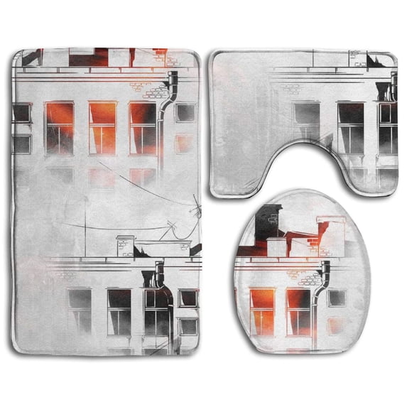 PUDMAD Llondon Buildings 3 Piece Bathroom Rugs Set Bath Rug Contour Mat and Toilet Lid Cover