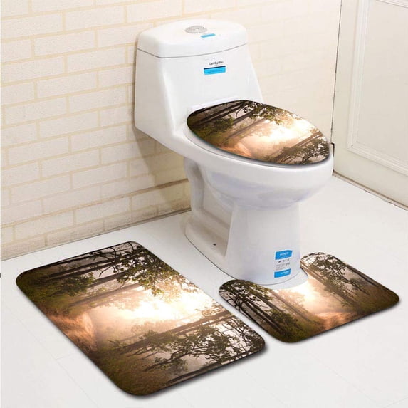 PUDMAD Local Road in Tropical Forest 3 Piece Bathroom Rugs Set Bath Rug Contour Mat and Toilet Lid Cover