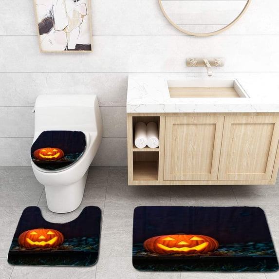 PUDMAD Lone Smiling Jack O Lantern on Old Wooden Porch in Moon Light 3 Piece Bathroom Rugs Set Bath Rug Contour Mat and Toilet Lid Cover