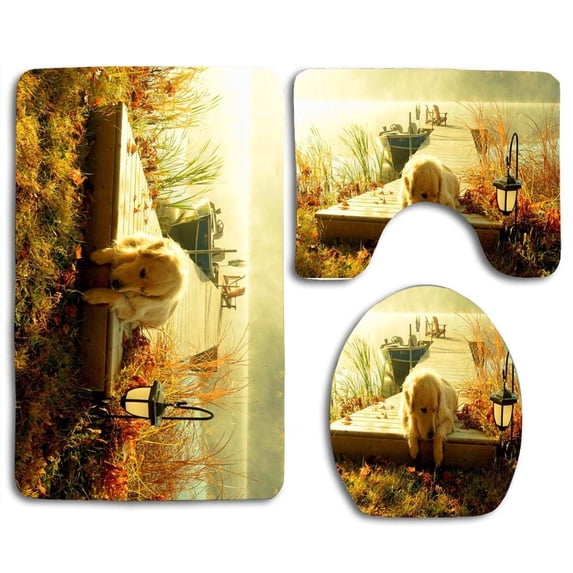 PUDMAD Lonely Golden Dog By River 3 Piece Bathroom Rugs Set Bath Rug Contour Mat and Toilet Lid Cover
