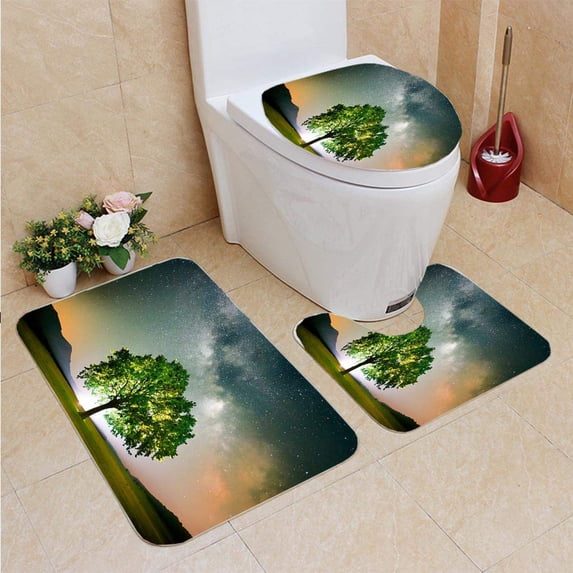 PUDMAD Lonely Tree Field Under Milky Way Galaxy Dobrogea Romania 3 Piece Bathroom Rugs Set Bath Rug Contour Mat and Toilet Lid Cover