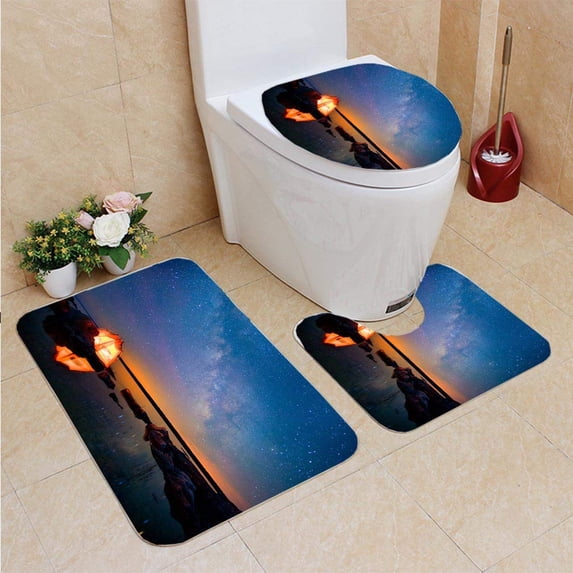 PUDMAD Long Exposure Stars 3 Piece Bathroom Rugs Set Bath Rug Contour Mat and Toilet Lid Cover