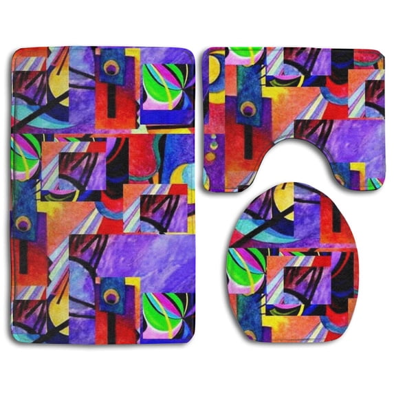 PUDMAD Long Purple Kandinsky Collage 3 Piece Bathroom Rugs Set Bath Rug Contour Mat and Toilet Lid Cover