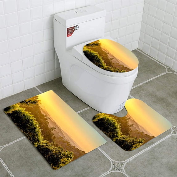 PUDMAD Long Shadows a Row Trees in a Green Valley at Twilight 3 Piece Bathroom Rugs Set Bath Rug Contour Mat and Toilet Lid Cover