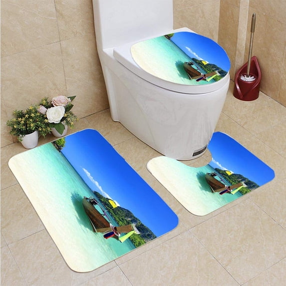PUDMAD Long Tail Wooden Boat at Krabi Island Beach 3 Piece Bathroom Rugs Set Bath Rug Contour Mat and Toilet Lid Cover
