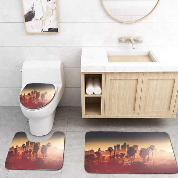 PUDMAD Los Angeles California 3 Piece Bathroom Rugs Set Bath Rug Contour Mat and Toilet Lid Cover
