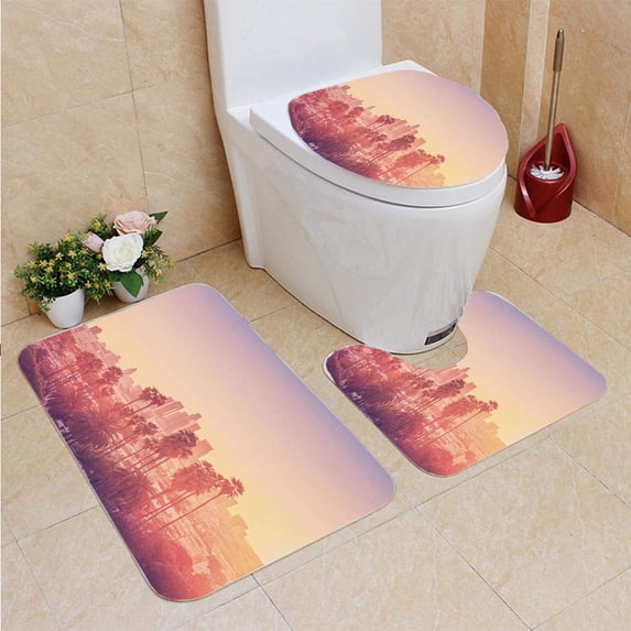 PUDMAD Los Angeles Sunset Scene Palm Trees 3 Piece Bathroom Rugs Set Bath Rug Contour Mat and Toilet Lid Cover