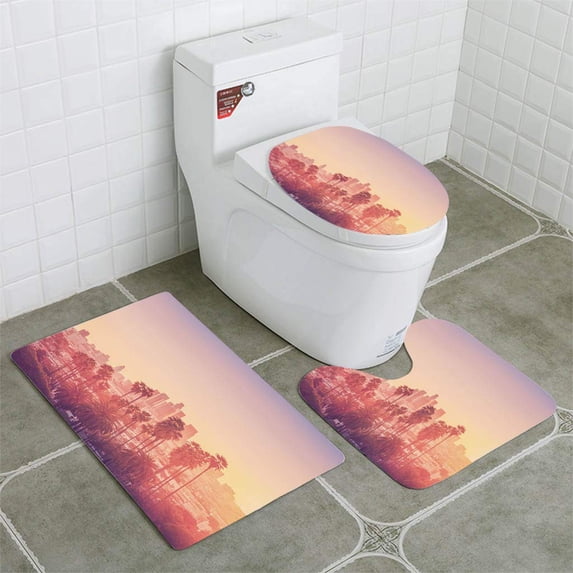 PUDMAD Los Angeles Sunset Scene Palm Trees 3 Piece Bathroom Rugs Set Bath Rug Contour Mat and Toilet Lid Cover