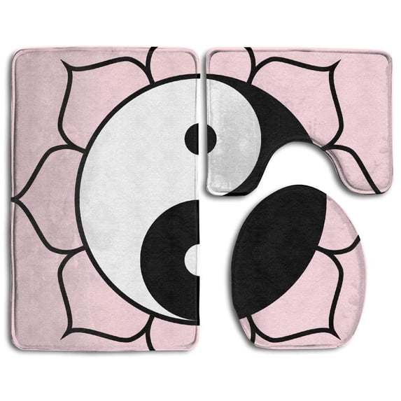 PUDMAD Lotus Flower Yin Yang 3 Piece Bathroom Rugs Set Bath Rug Contour Mat and Toilet Lid Cover