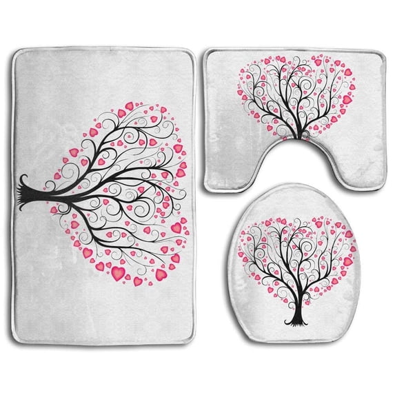 PUDMAD Love Tree 3 Piece Bathroom Rugs Set Bath Rug Contour Mat and Toilet Lid Cover